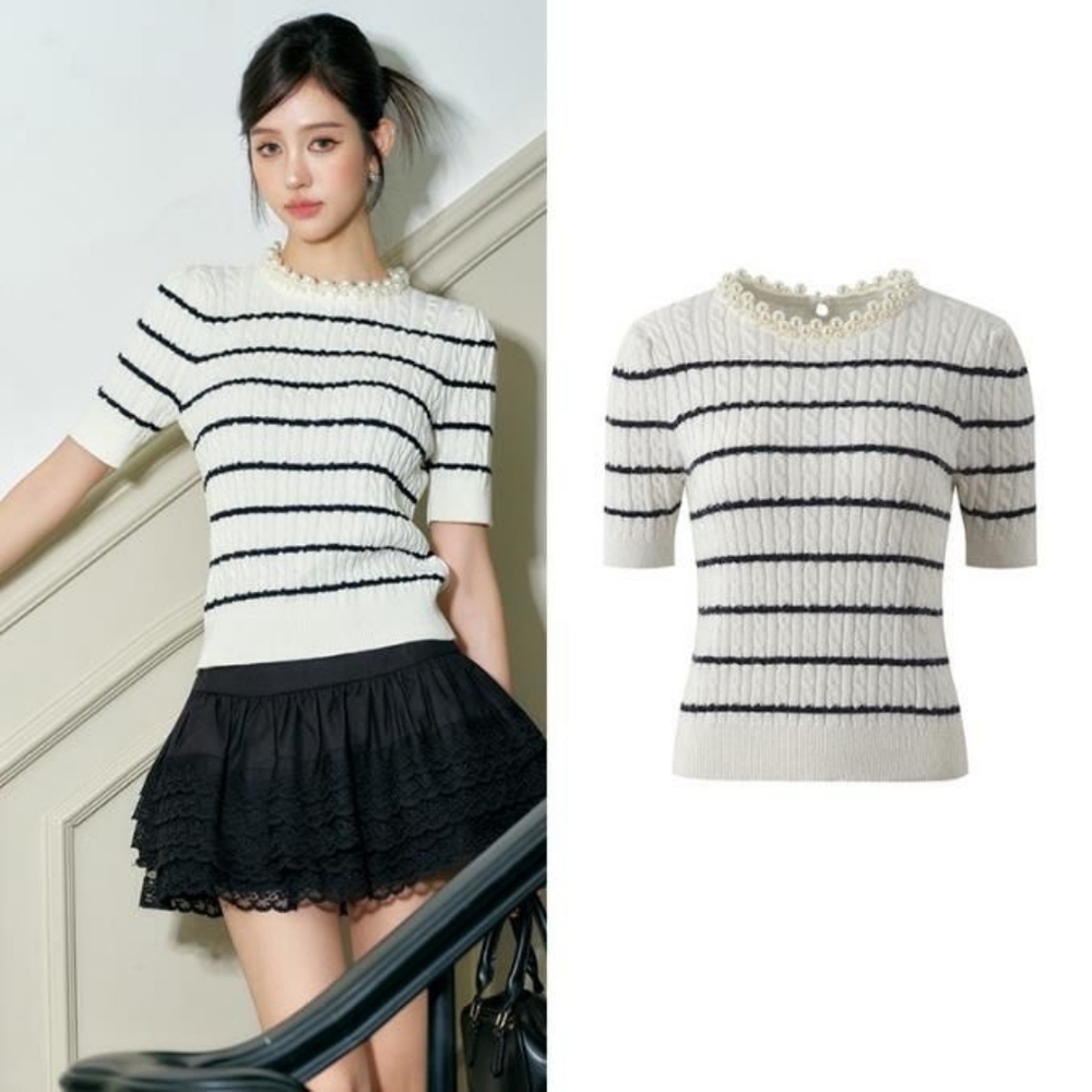 Navy Blue & White Striped Cable Knit Pearl Neckline Detail Sweater – Size L
